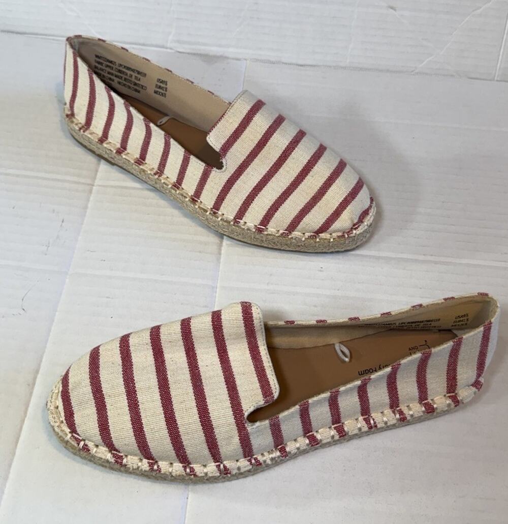 Time & Tru Women's 9.5 Ivory/Red Striped Fabric Espadrille Loafer Shoes